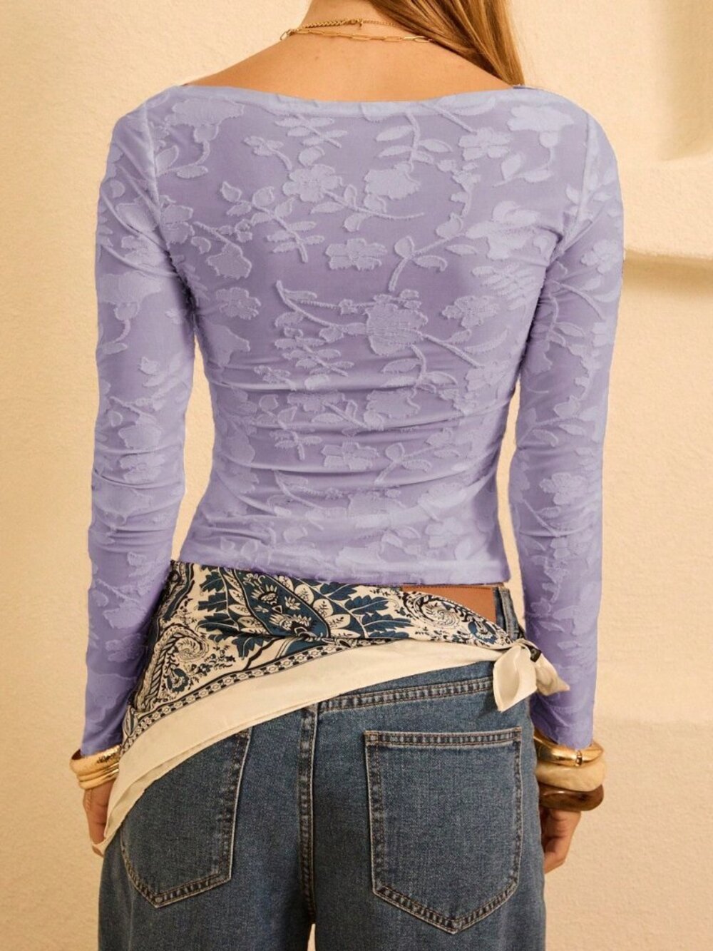 Lilac Purple Casual Women's Jacquard Long Sleeve Fitted Cropped T-Shirt - Picture 2 of 8